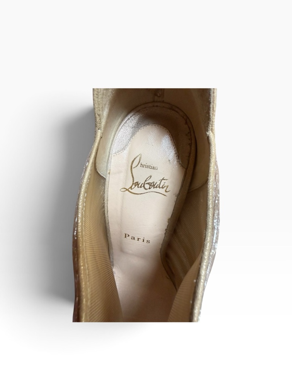 Christian Louboutin Canon Gold Lamé Suede Peep Toe Booties Pumps EU 39 US 9 - Picture 7 of 13